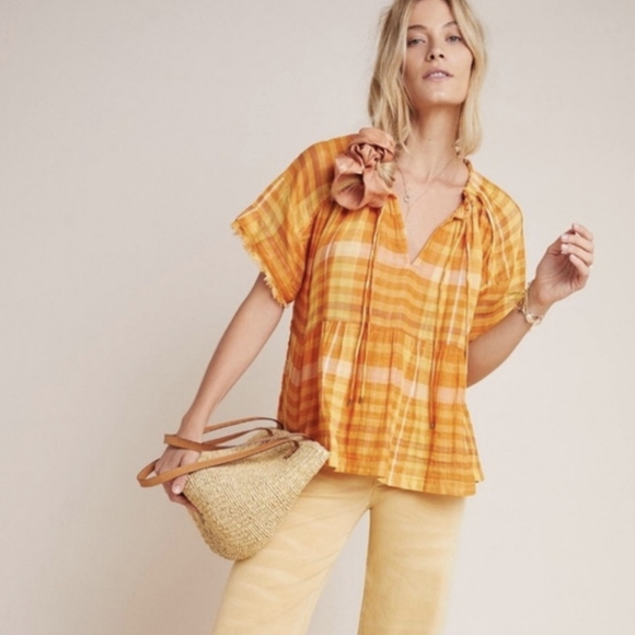 Anthropologie/Pilcro and the Letterpress Bette Babydoll Plaid Top, Orange: SMALL - Picture 2 of 14